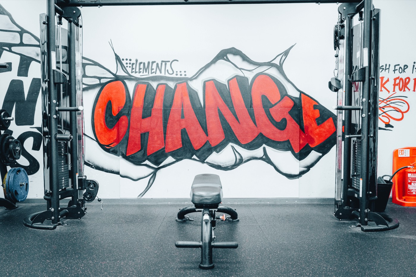 Elements CHANGE mural painted across the gym wall