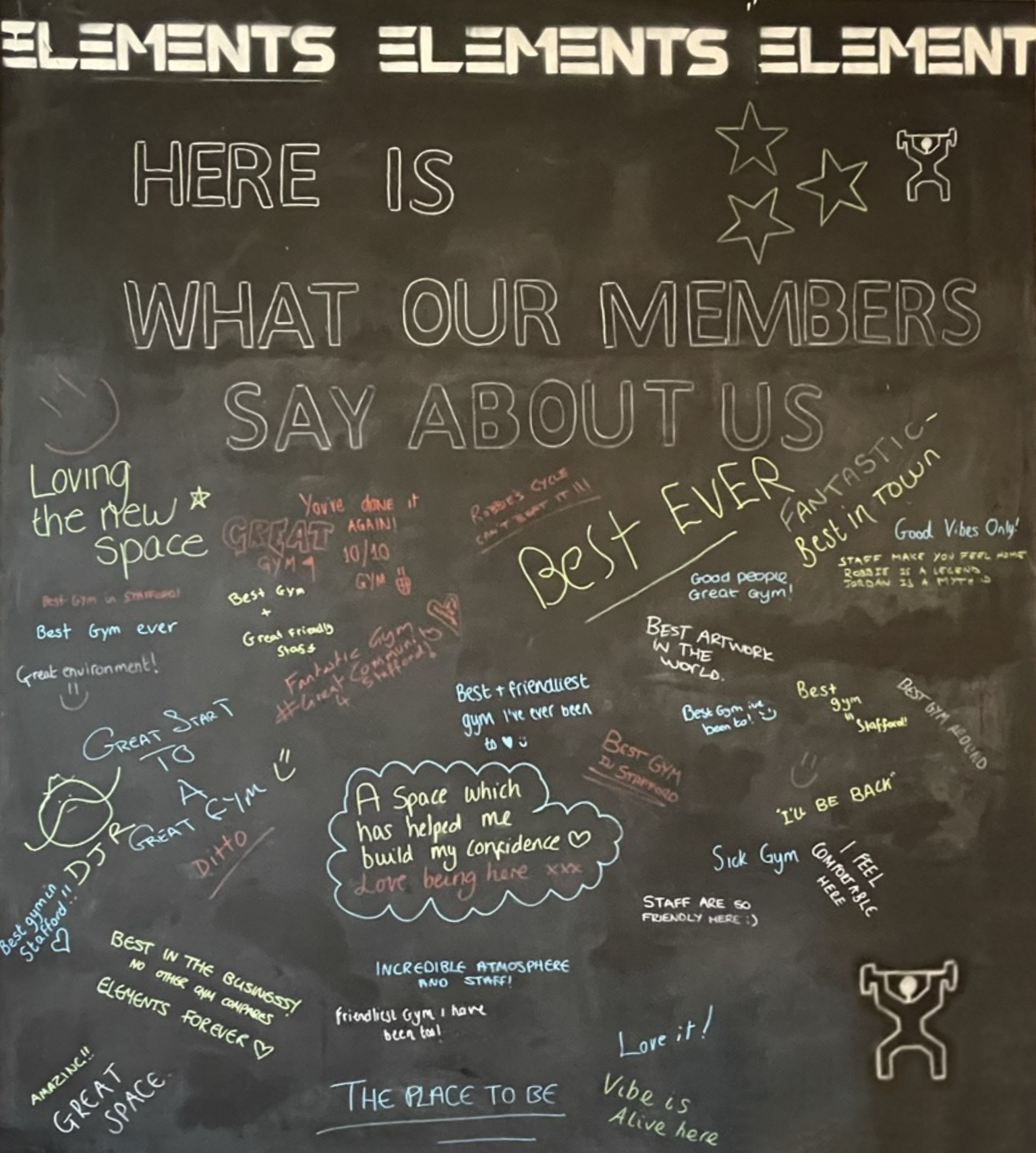 A chalkboard showing a whole host of different reviews from members of the gym. Some of which can be found on this page.